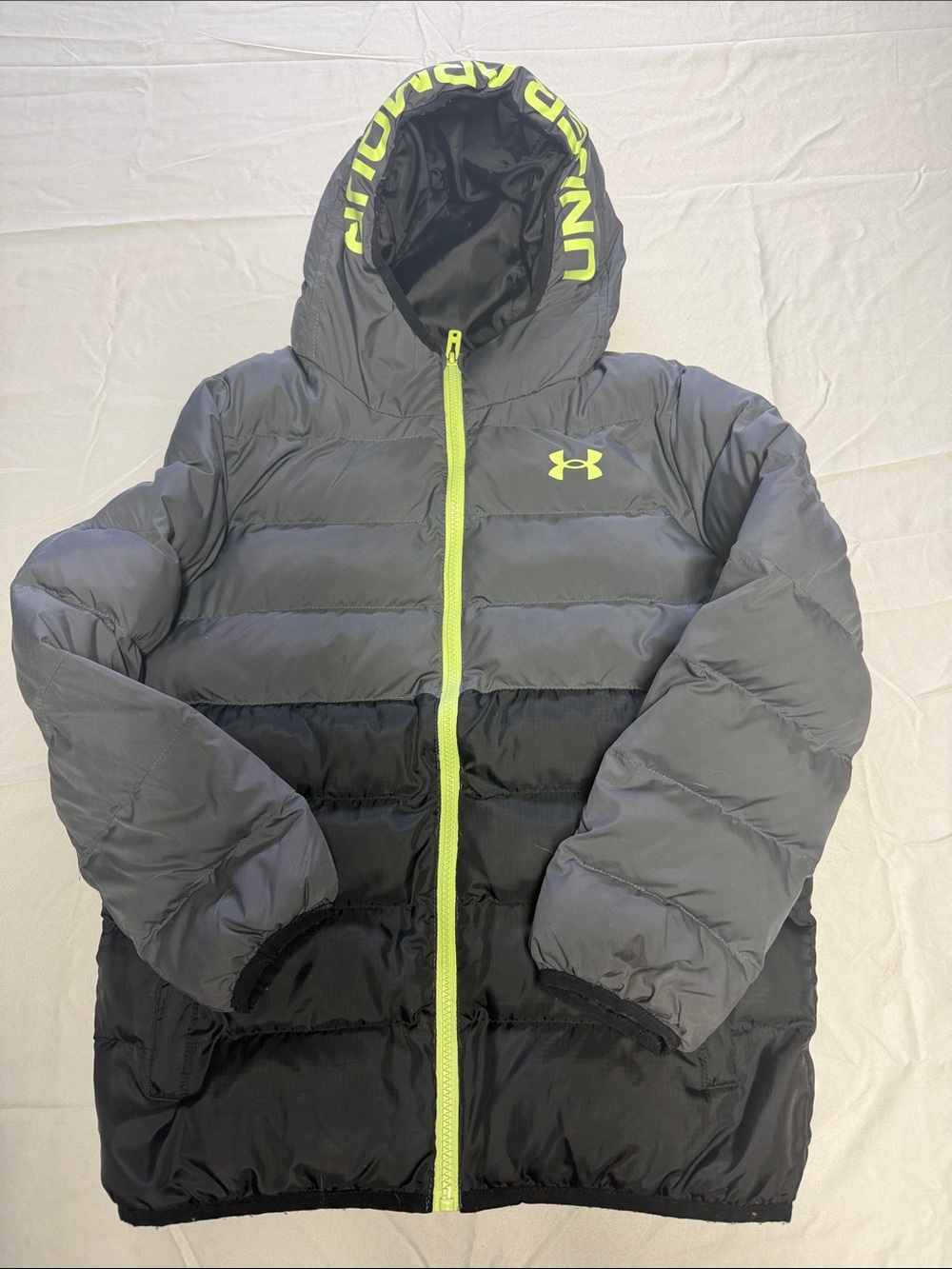 Under Armour Kids Gray & Neon Yellow Hooded Puffer Jacket